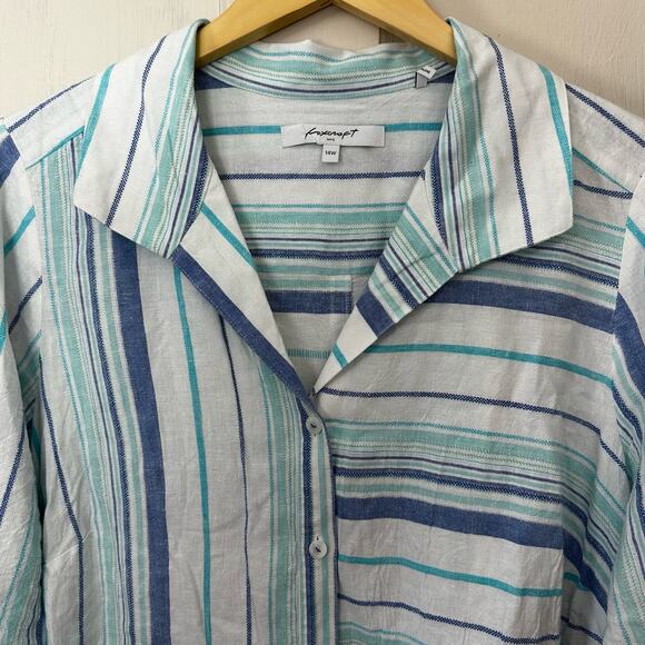 Foxcroft Shirt Womens 14W White Blue Striped Button Up Linen Blend Button Accent - Picture 4 of 7